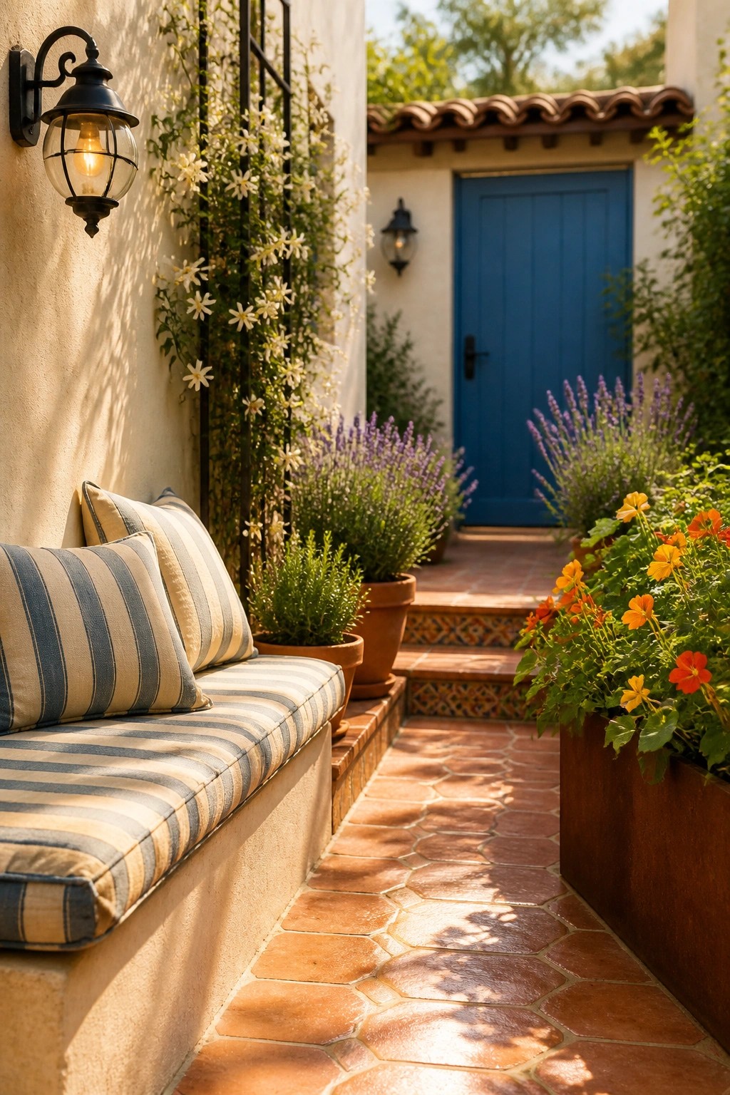A cushioned built-in bench with striped pillows runs along a stucco wall next to a tiled garden path lined with potted plants and flowers.