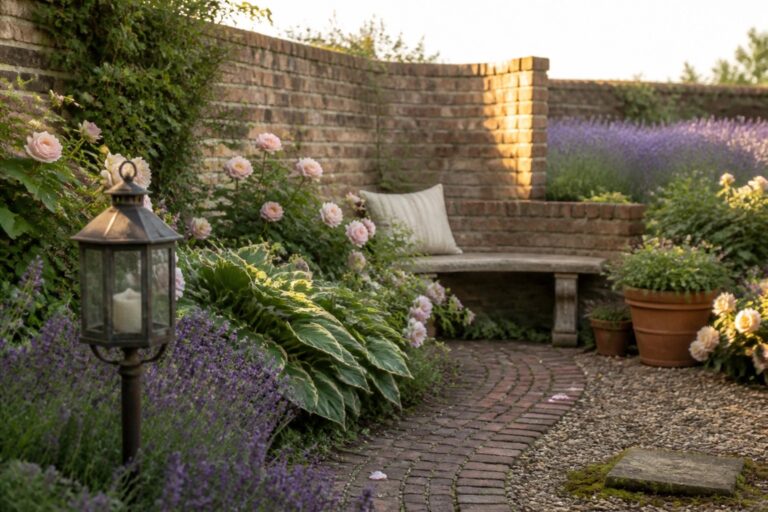 A curved stone bench with a pillow is set against a brick wall, surrounded by pink roses and purple flowers, with a brick path and potted plants nearby.