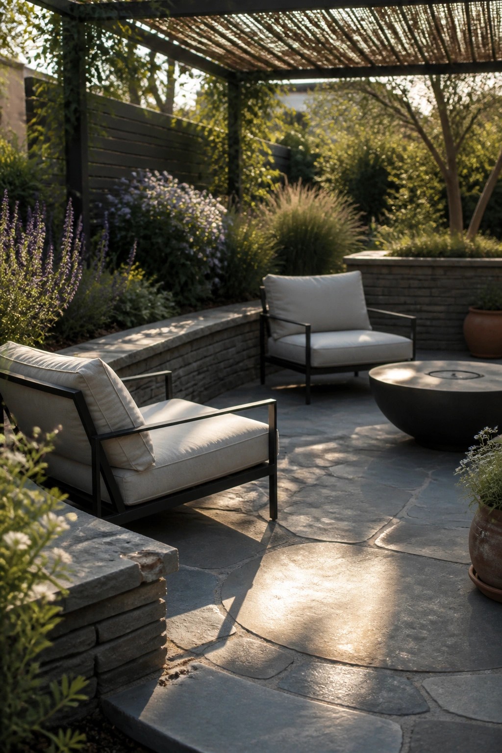 A stone patio with two light-colored armchairs and a round black fire pit under a pergola, surrounded by flowers and greenery.