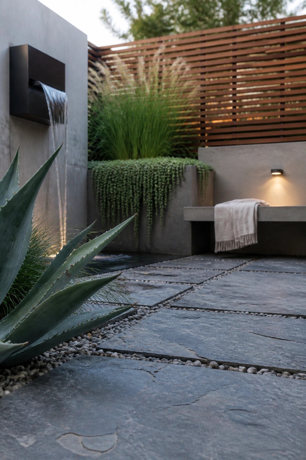 A modern outdoor corner shows a black wall-mounted water fountain flowing beside large agave plants, stone pavers, gravel, and a wooden slatted screen.