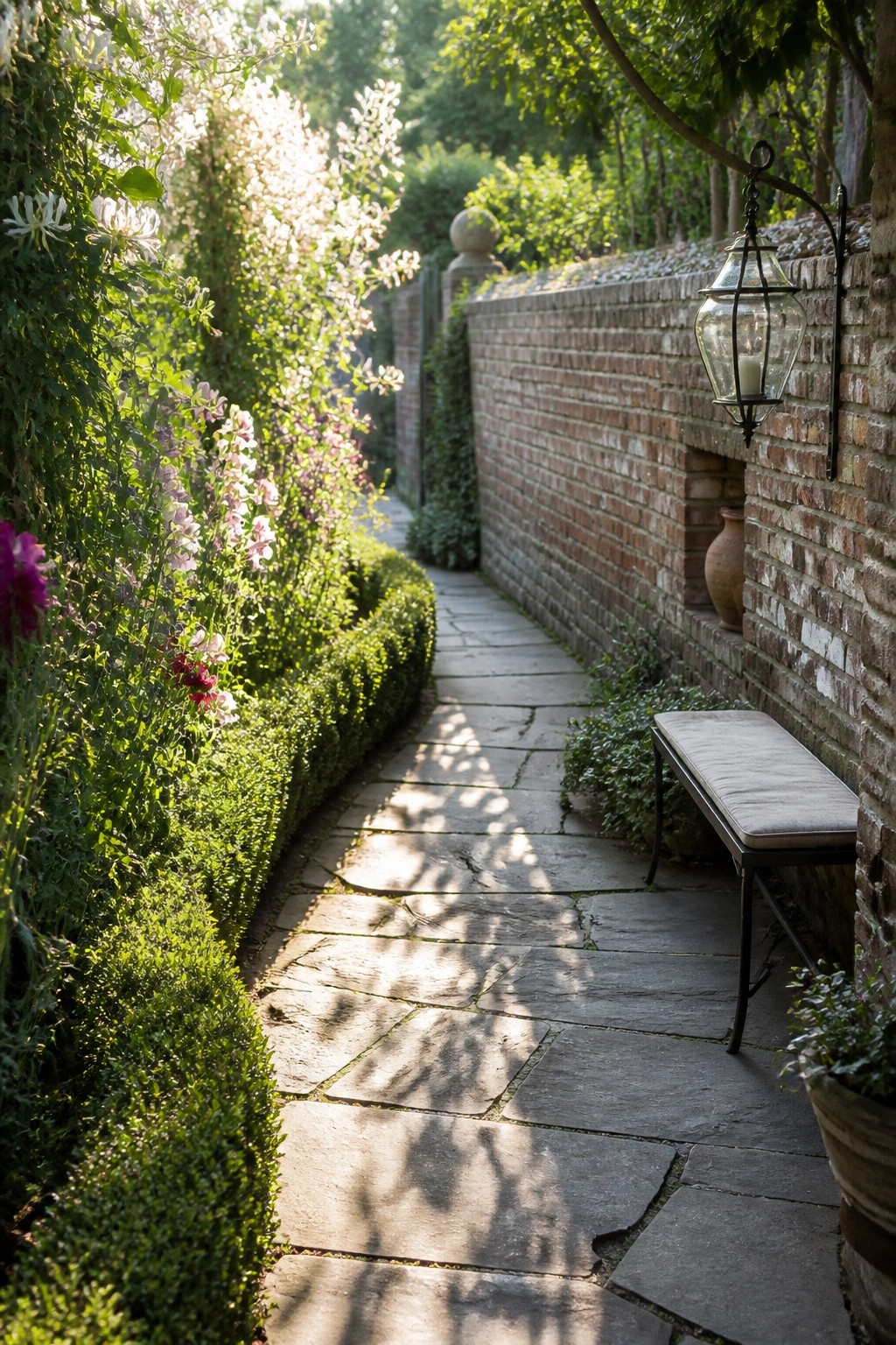 A curving stone path runs between dense flowering borders on the left and a brick wall with a bench and wall lantern on the right.
