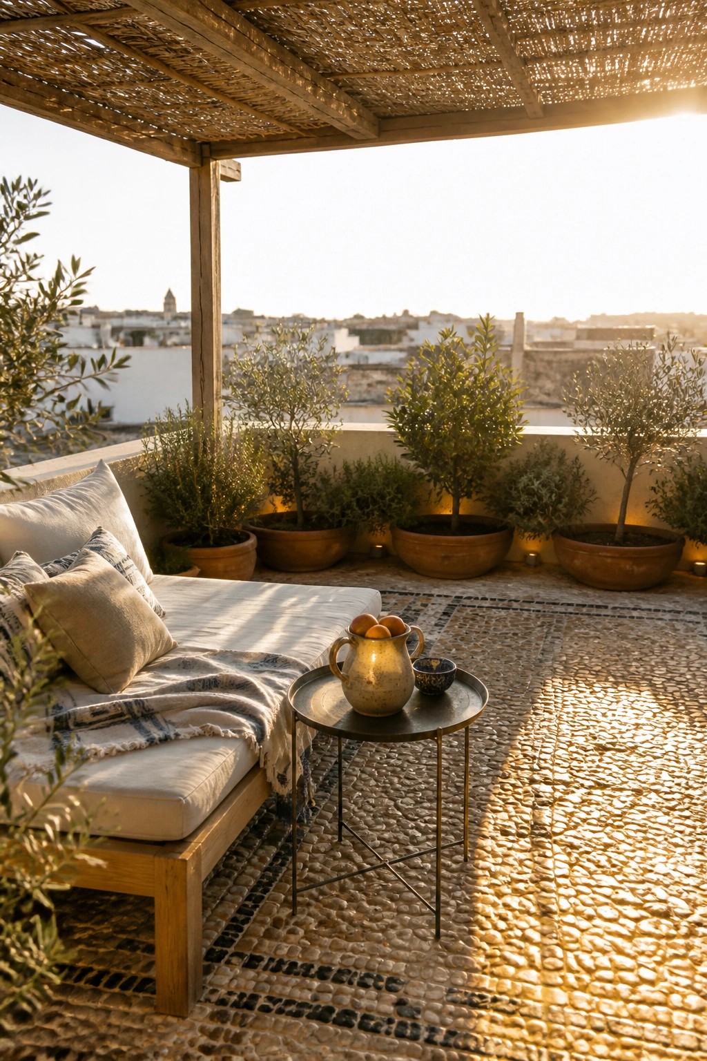 Rooftop terrace with wooden daybed, potted olive trees, and pebble mosaic floor at sunset