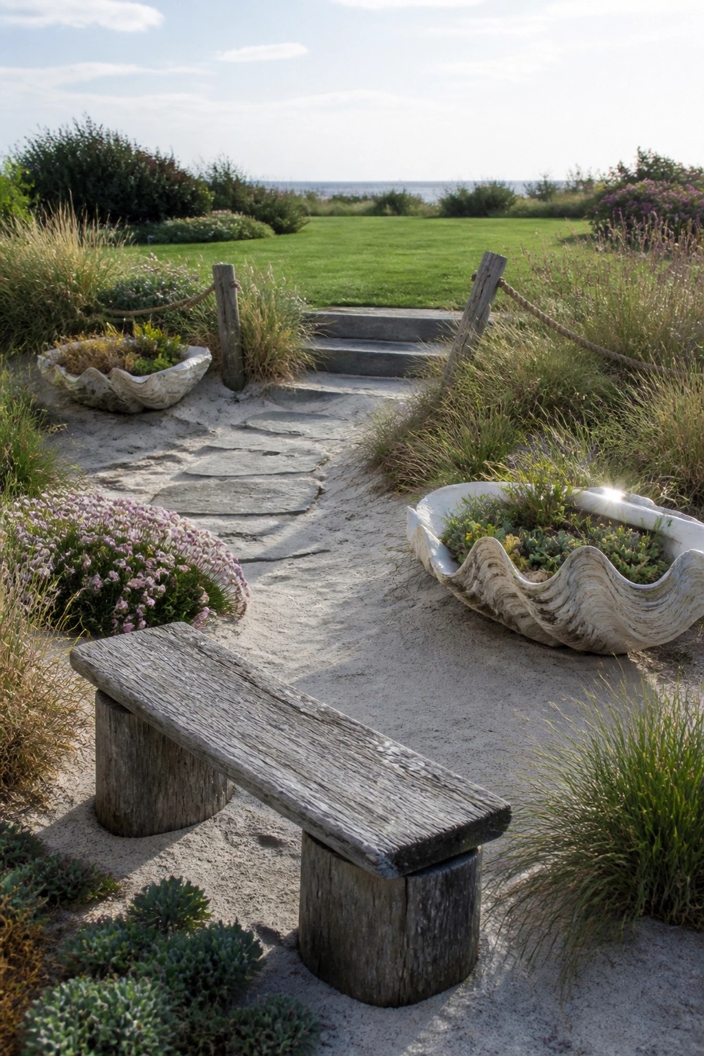 A sandy garden path with flat stepping stones runs past a rustic wooden bench and two large shell-shaped planters toward a set of stone steps.