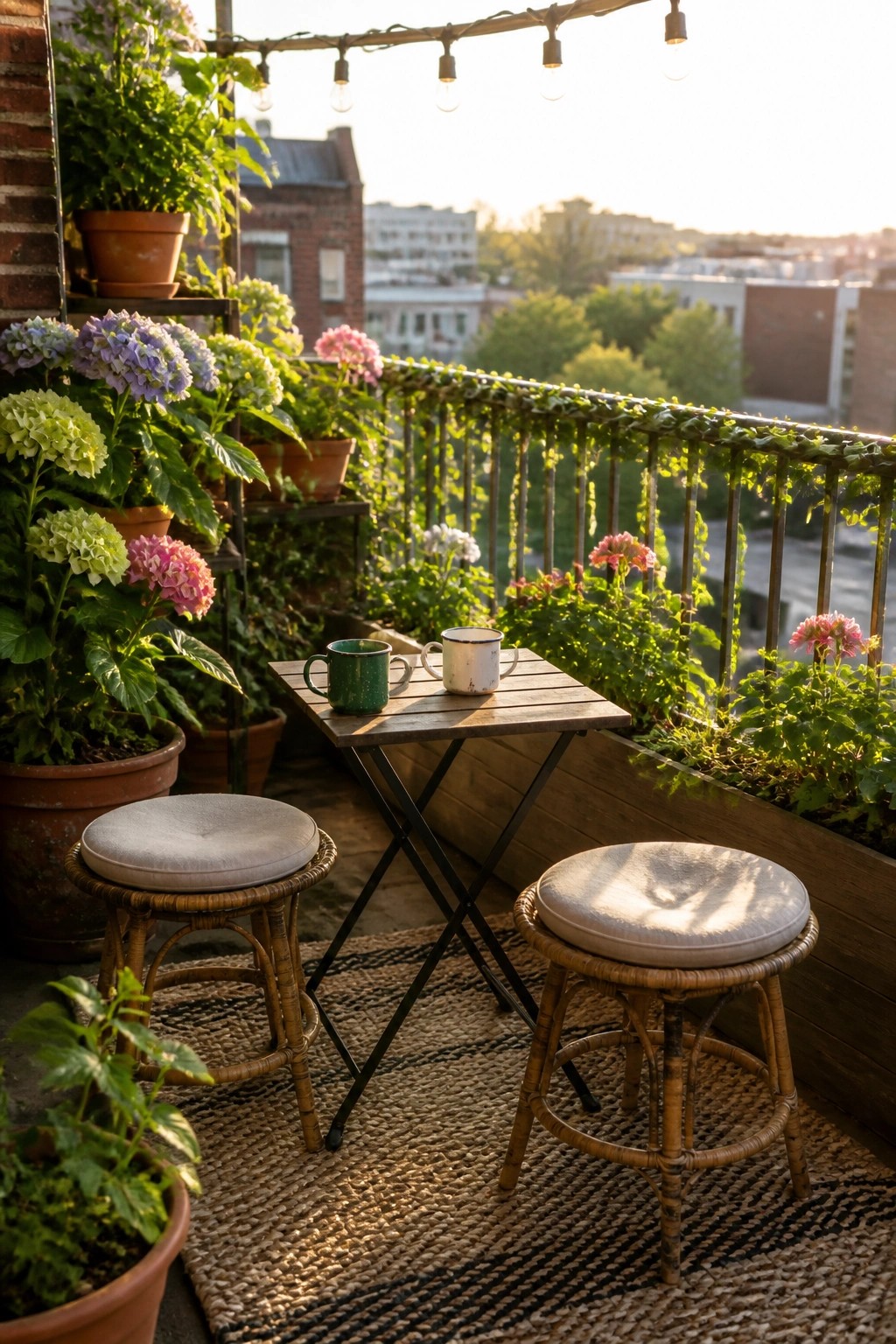 Cozy balcony with wooden table, mugs, wicker stools, and blooming potted flowers at sunset