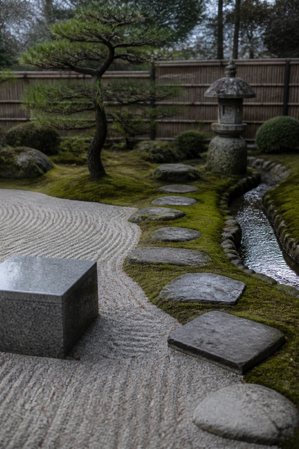 A winding garden path of flat gray stepping stones set in bright green moss beside raked gravel and a stone lantern.