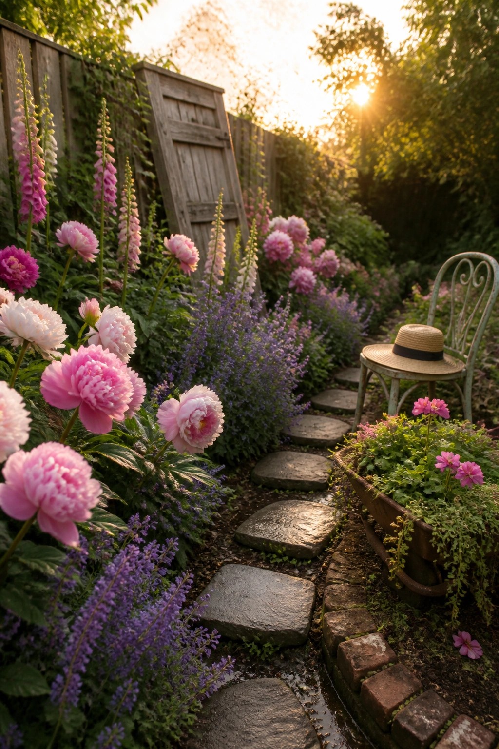 A narrow garden path of large irregular stepping stones runs between dense beds of pink peonies and purple flowers, ending near a metal chair with a straw hat.