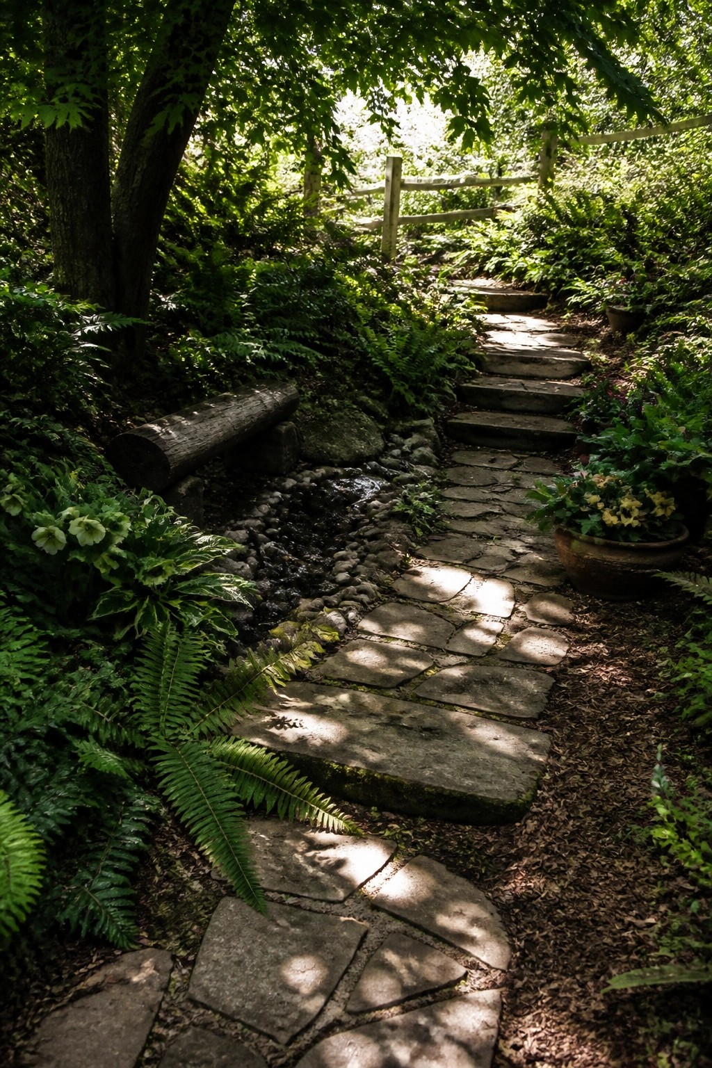 Stone steps winding through lush ferns and greenery under dappled sunlight