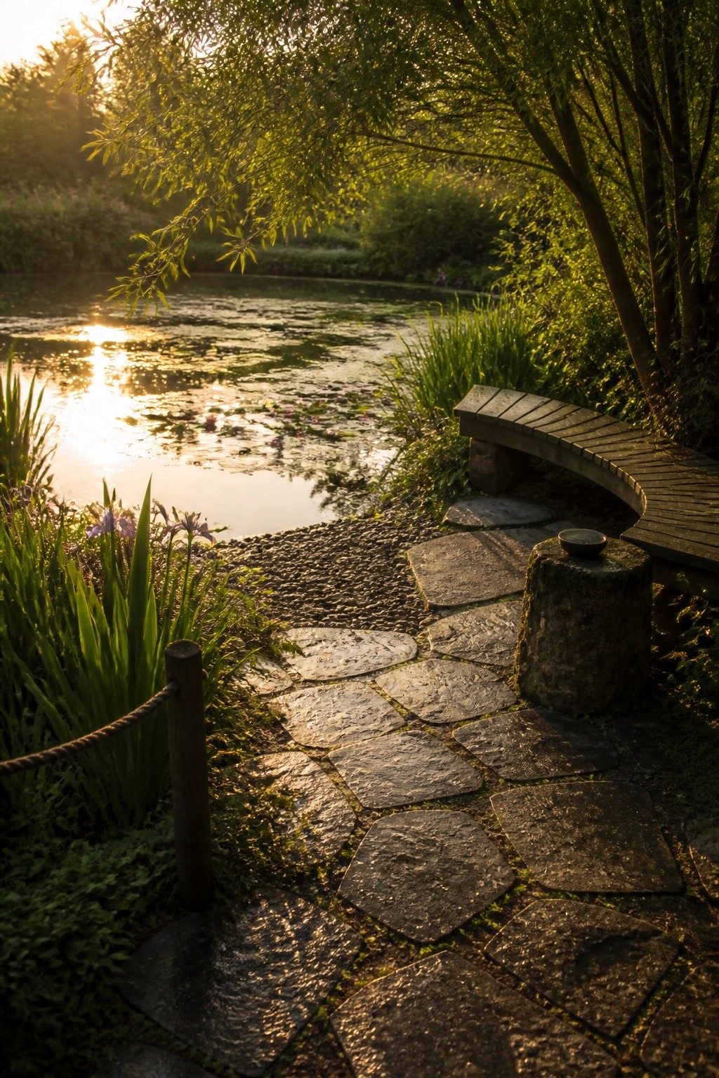 A garden scene with irregular stone pavers forming a path beside a pond, leading to a curved wooden bench on a tree stump base, surrounded by green plants and trees at sunset.