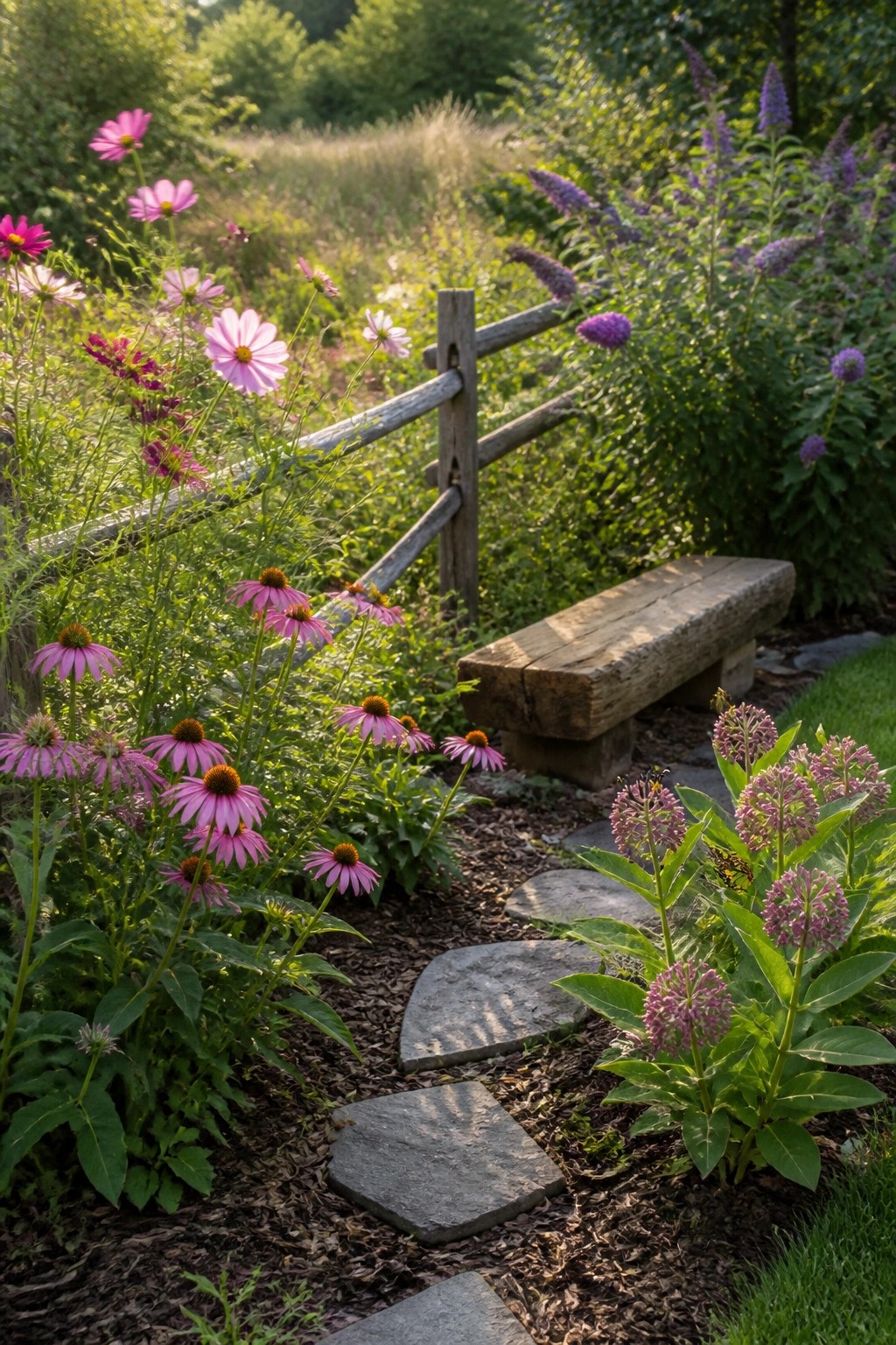 A narrow garden path of flat gray stones winds past pink coneflowers and purple blooms with a wooden bench on the right.