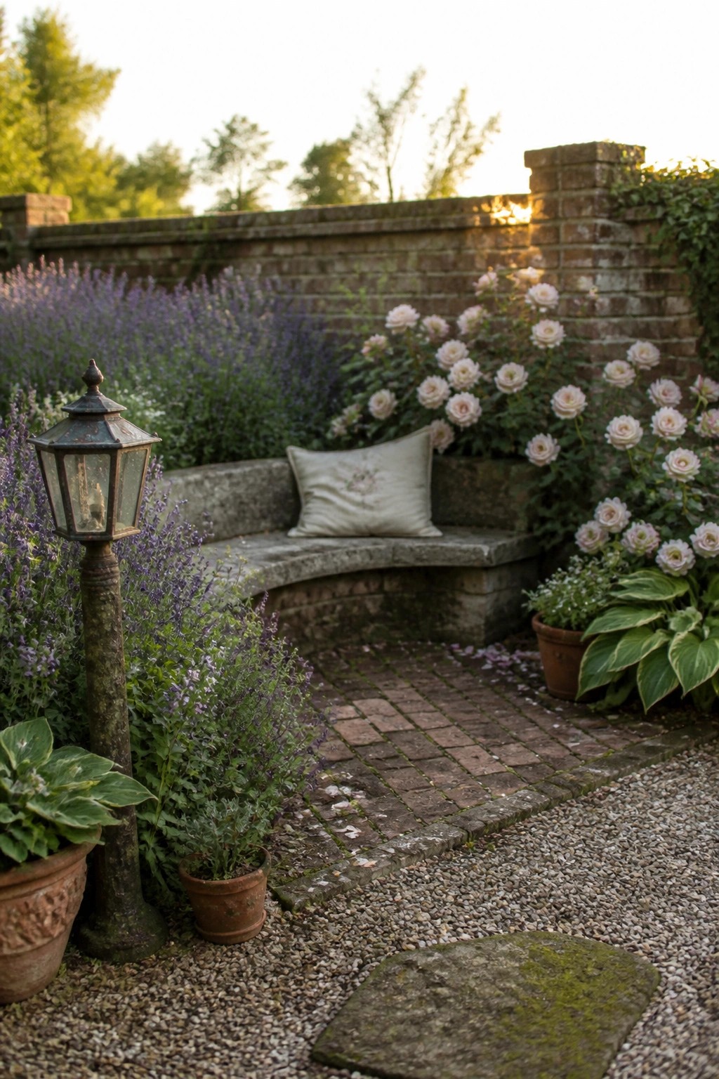 A curved stone bench with a pillow is set against a brick wall, surrounded by pink roses and purple flowers, with a brick path and potted plants nearby.