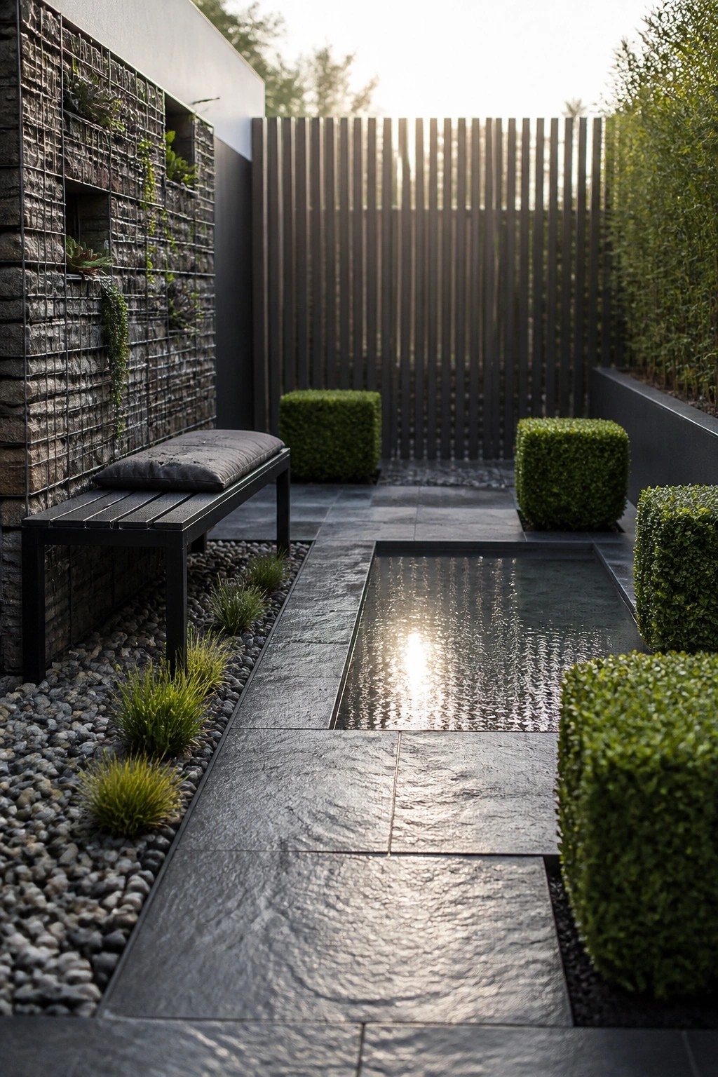 A modern small garden shows a long rectangular water feature set into dark stone paving, bordered by gravel beds with boxwood shrubs and grasses next to a gabion wall holding a bench.