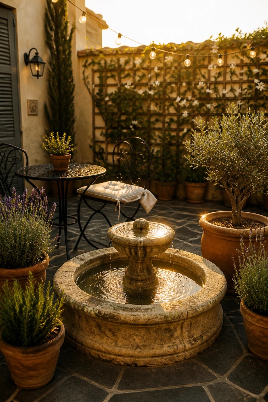 A stone fountain sits in the center of a paved patio surrounded by terracotta pots filled with lavender, shrubs, and small trees, with string lights overhead and a metal table and chairs nearby.