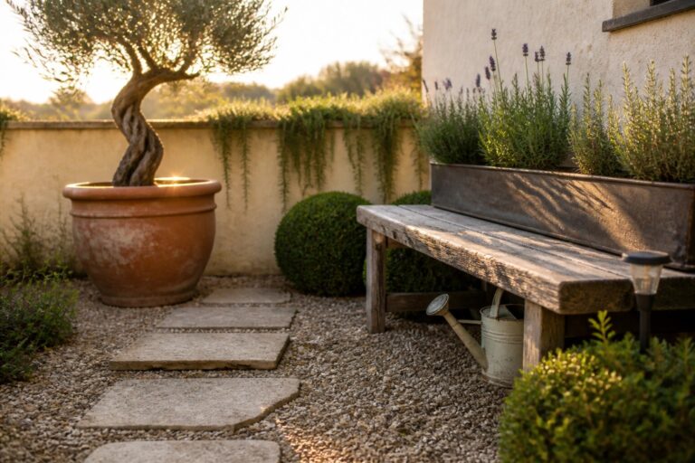 A gravel garden path lined with irregular stone stepping stones, potted olive tree, lavender and rosemary plants, a wooden bench, and a metal watering can at sunset.