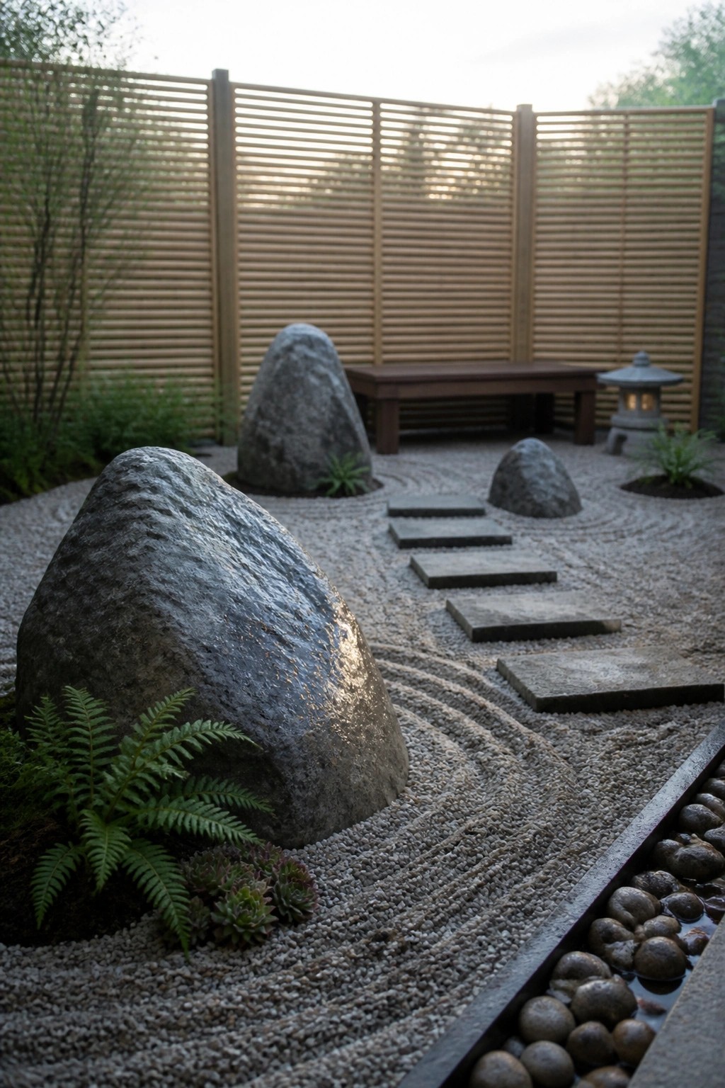 A small gravel garden with large rocks, raked patterns, concrete stepping stones, ferns, succulents, a wooden bench, and a slatted fence in the background.