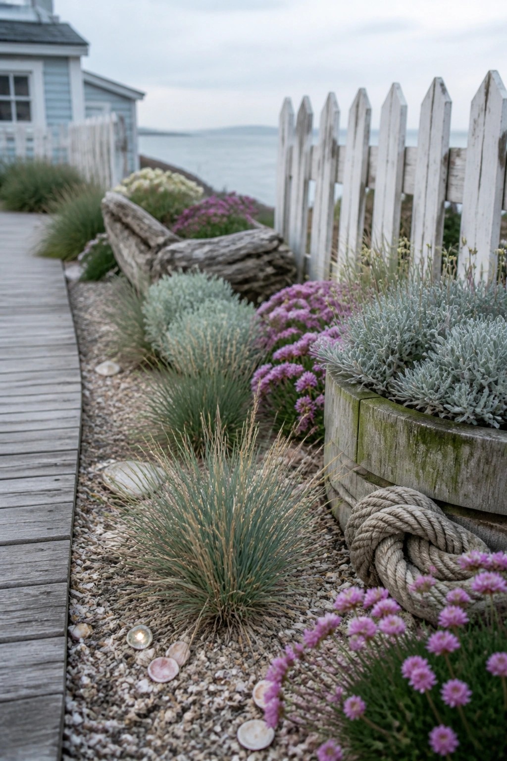 A narrow gravel garden bed runs beside a wooden walkway, filled with ornamental grasses, purple flowering plants, driftwood, seashells, and a wooden planter.