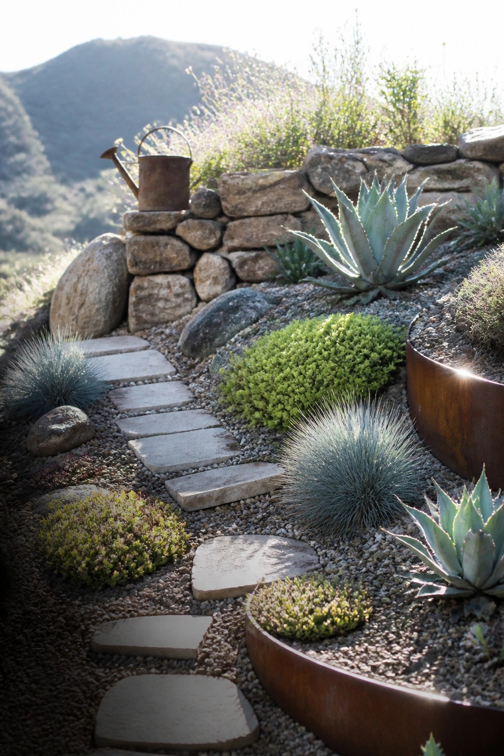 A garden path of irregular stone stepping stones set in gravel, lined with succulents, low shrubs, and a low stone retaining wall.
