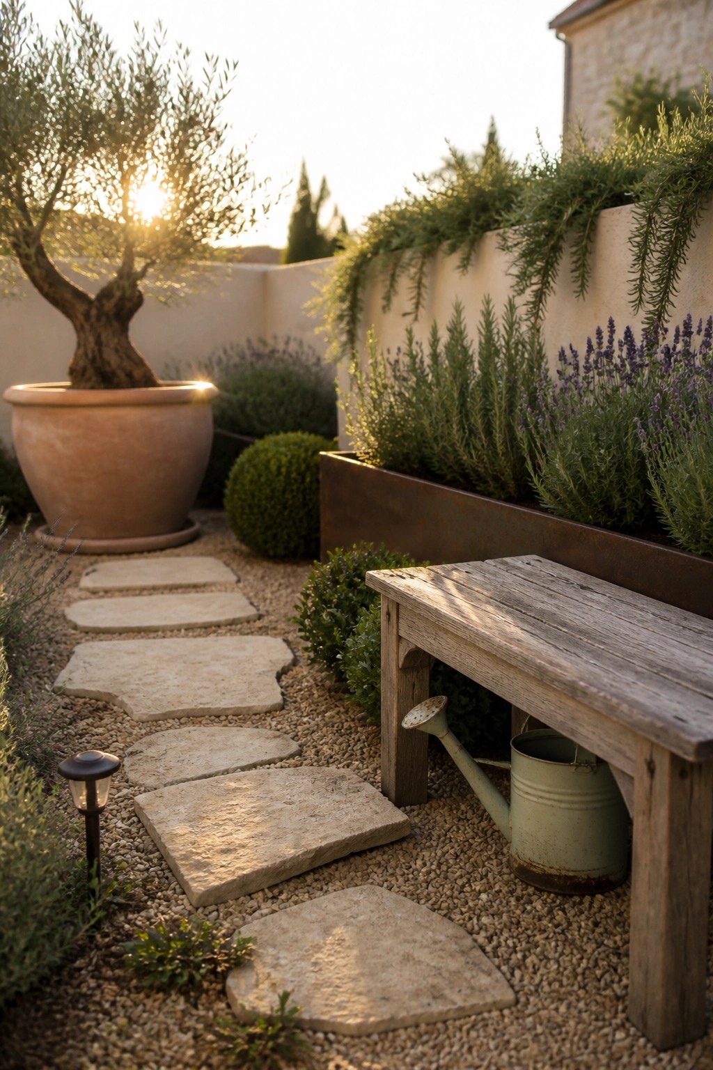 A gravel garden path lined with irregular stone stepping stones, potted olive tree, lavender and rosemary plants, a wooden bench, and a metal watering can at sunset.