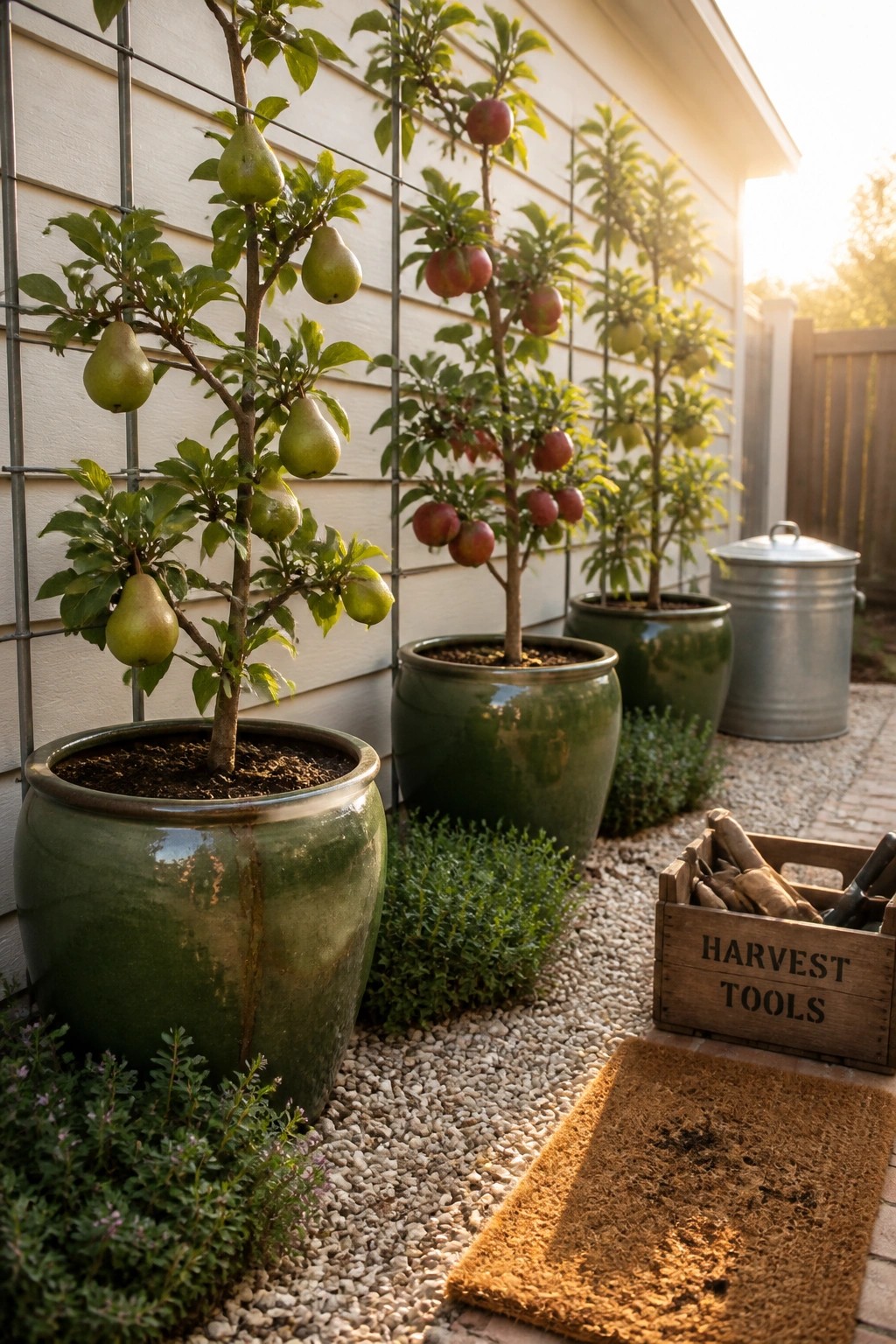 Several apple and pear trees growing in large green pots and trained on a wire trellis against a house wall, with gravel ground cover.