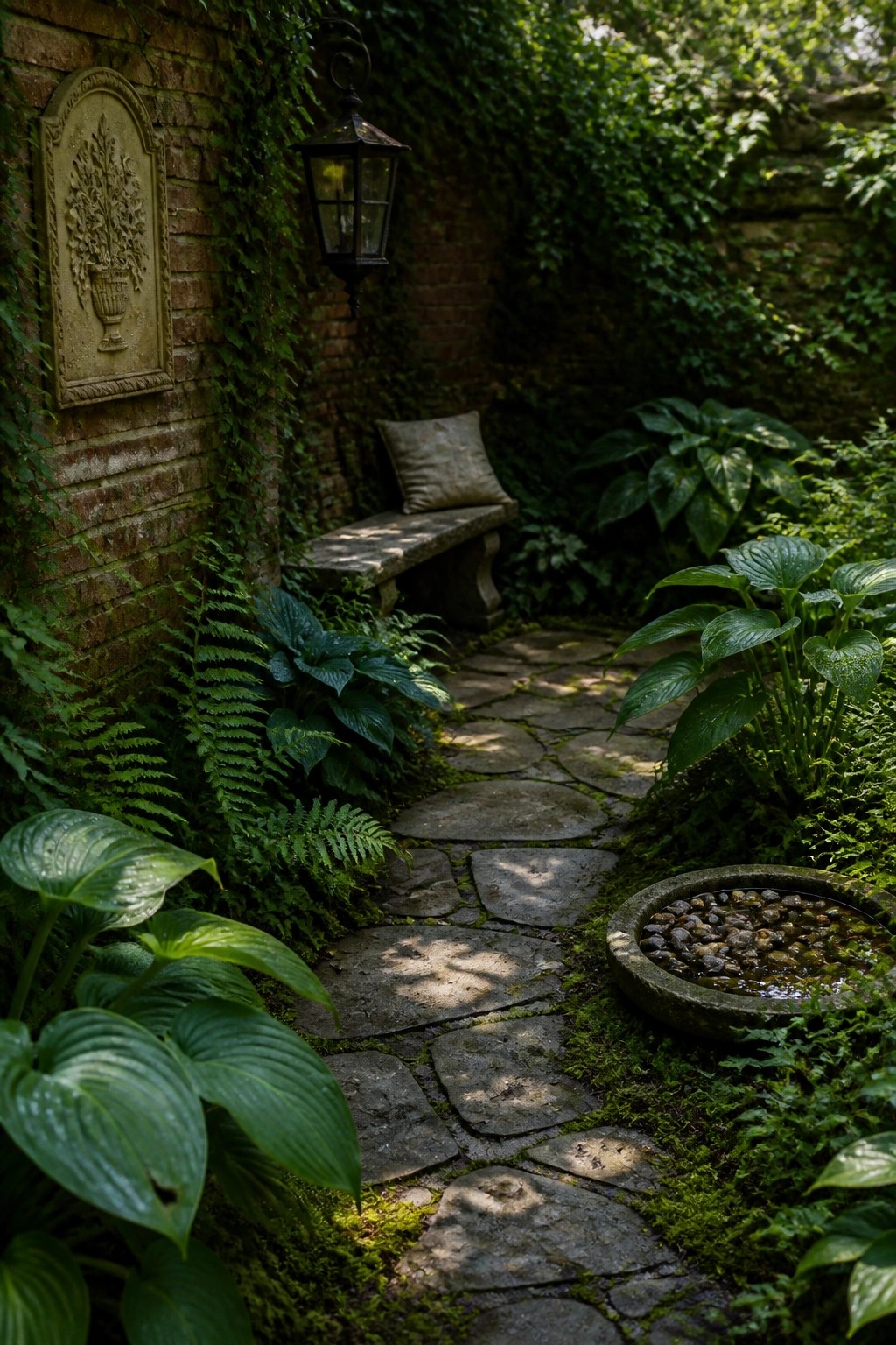 A winding flagstone path runs between dense hostas and ferns beside an ivy-covered brick wall, with a stone bench, hanging lantern, and a round stone water basin visible along the route.