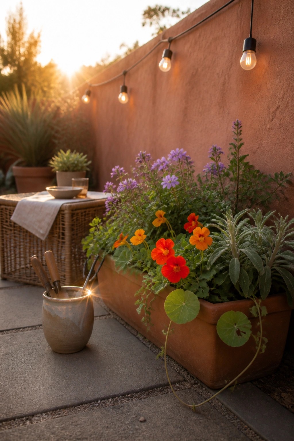 A rectangular terracotta planter filled with orange, red, and purple flowers sits on a stone patio against a stucco wall with string lights overhead.