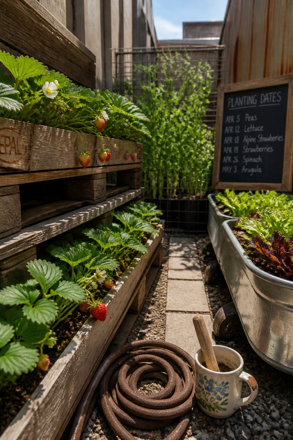 A narrow outdoor garden path with stacked wooden pallet planters growing strawberries and metal trough planters filled with leafy greens, plus a chalkboard showing planting dates.