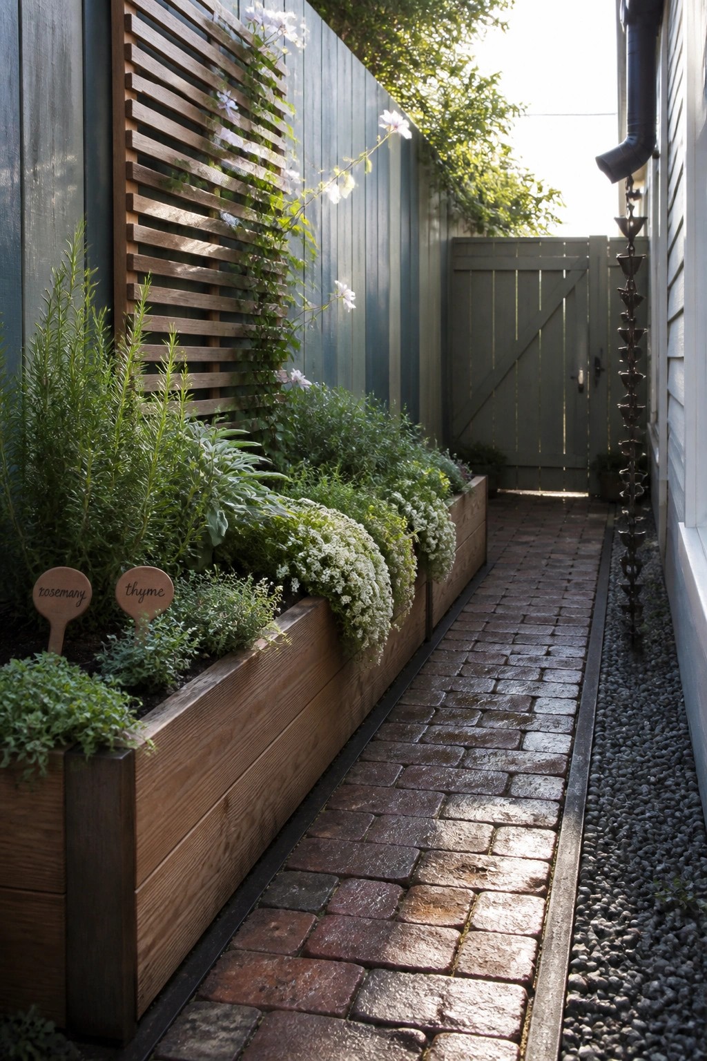 Narrow brick path lined with wooden herb planters and white flowers.