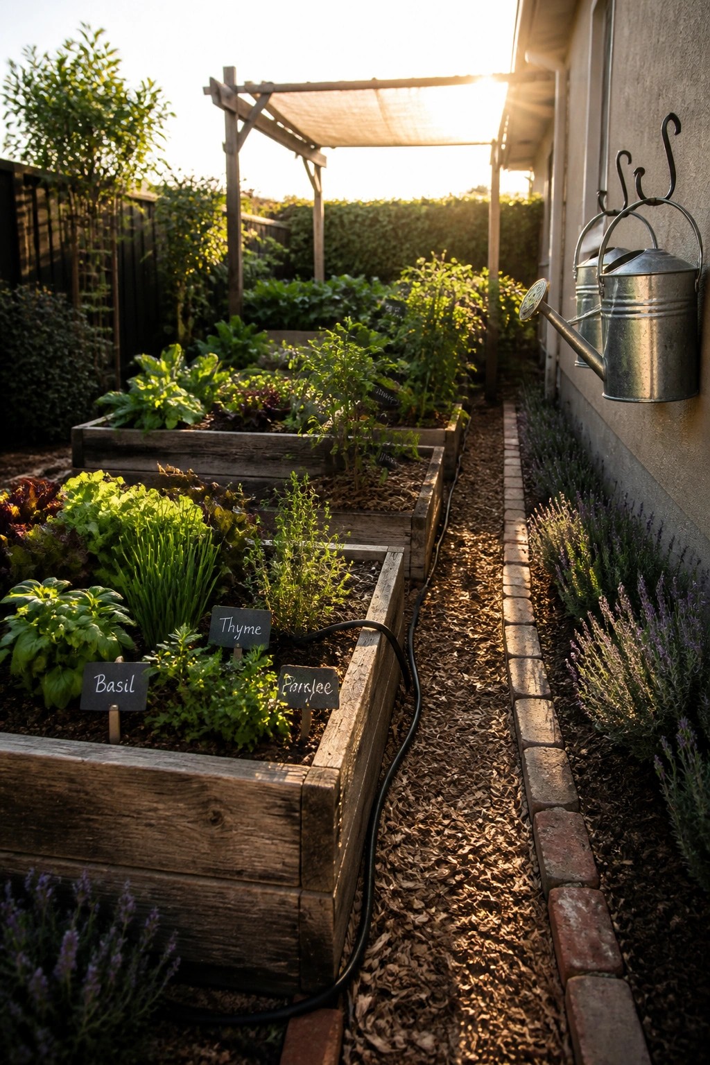 A backyard garden with several wooden raised beds containing labeled herbs and vegetables, a brick path running alongside, and metal watering cans mounted on a nearby wall.