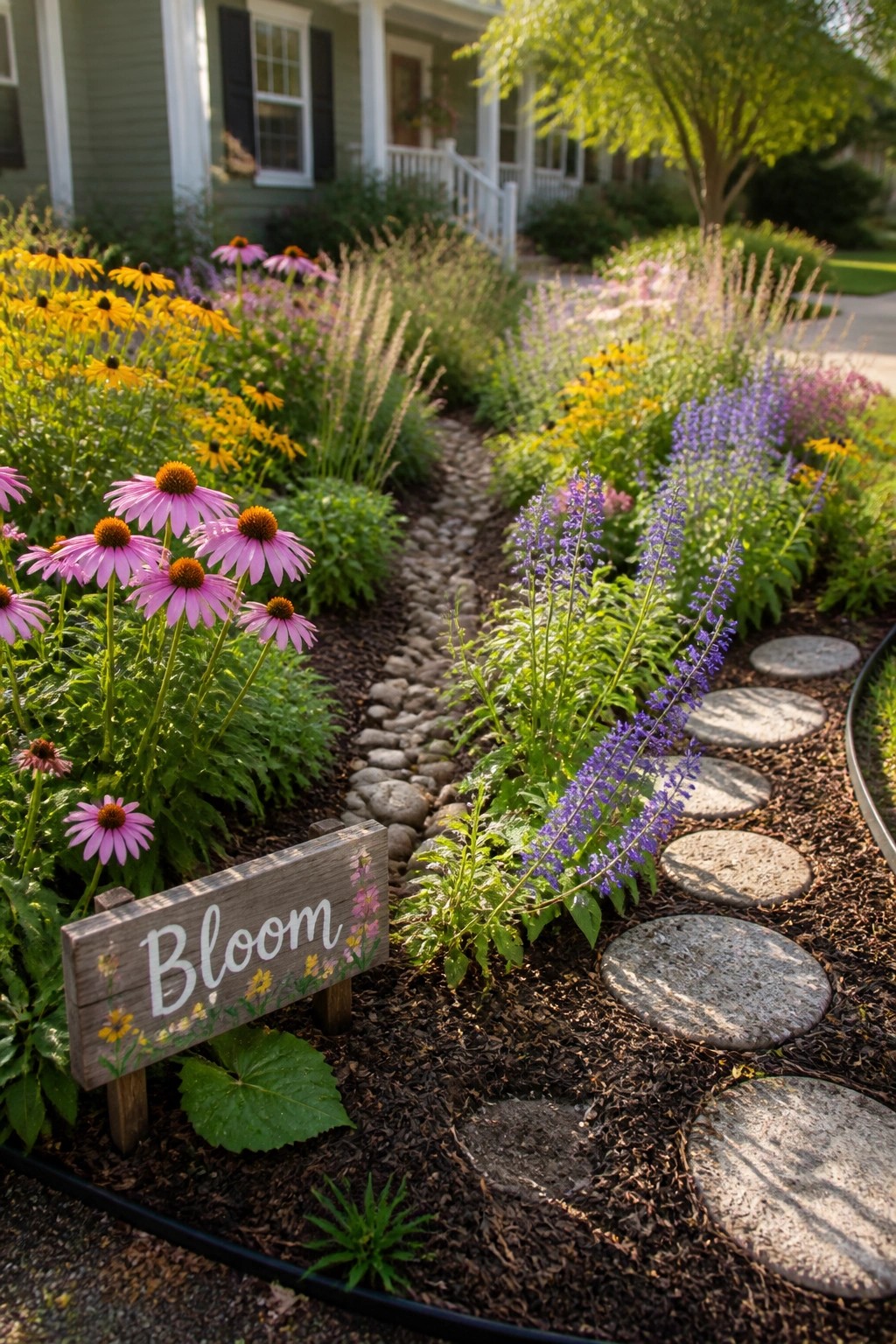 A mulched garden bed filled with pink coneflowers, yellow black-eyed Susans, purple salvia, and ornamental grasses, with a curving path of round concrete stepping stones and a wooden Bloom sign in the foreground.