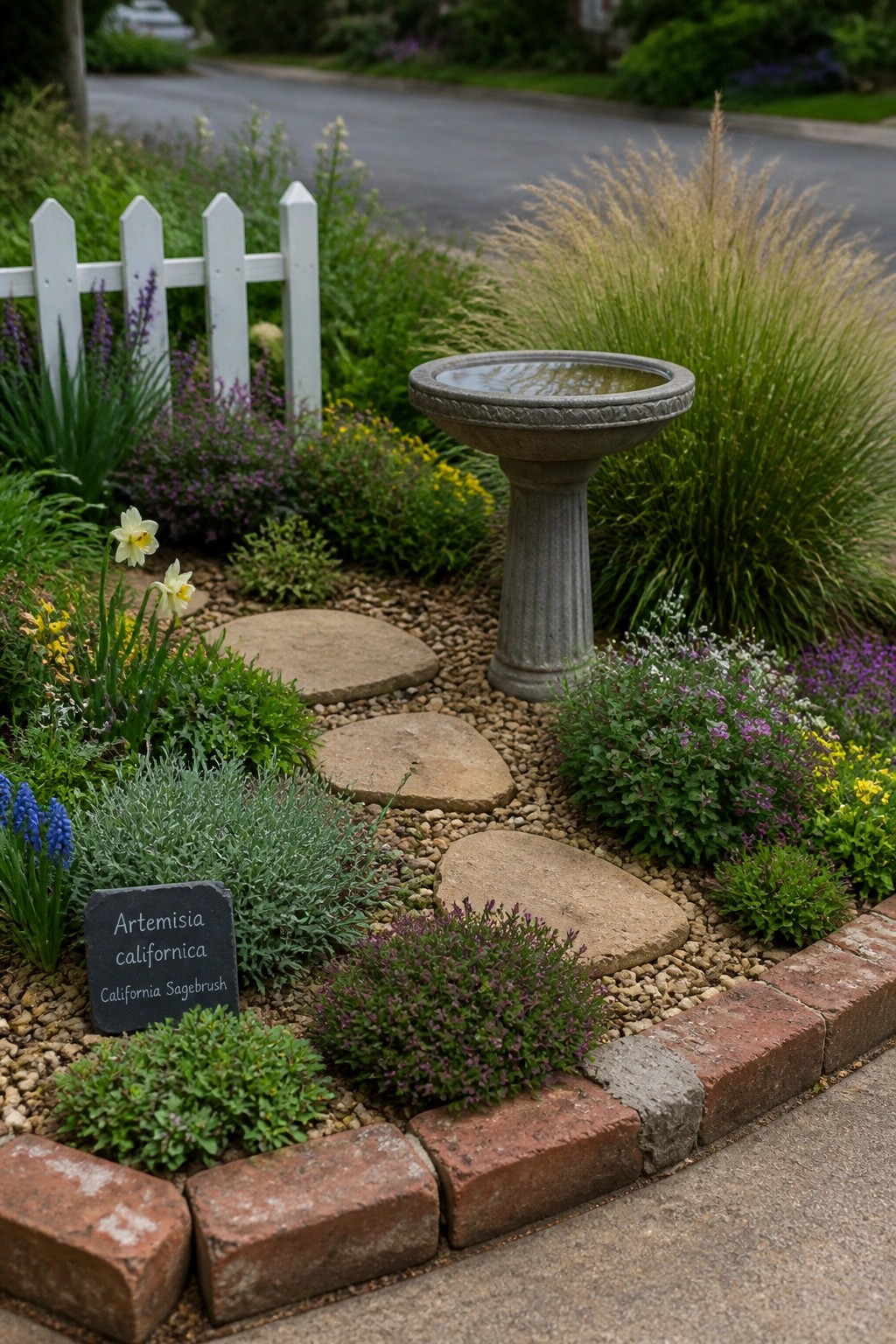 A small garden bed with brick edging contains gravel mulch, irregular stepping stones, assorted flowering plants, a stone birdbath, and a slate label reading Artemisia californica.