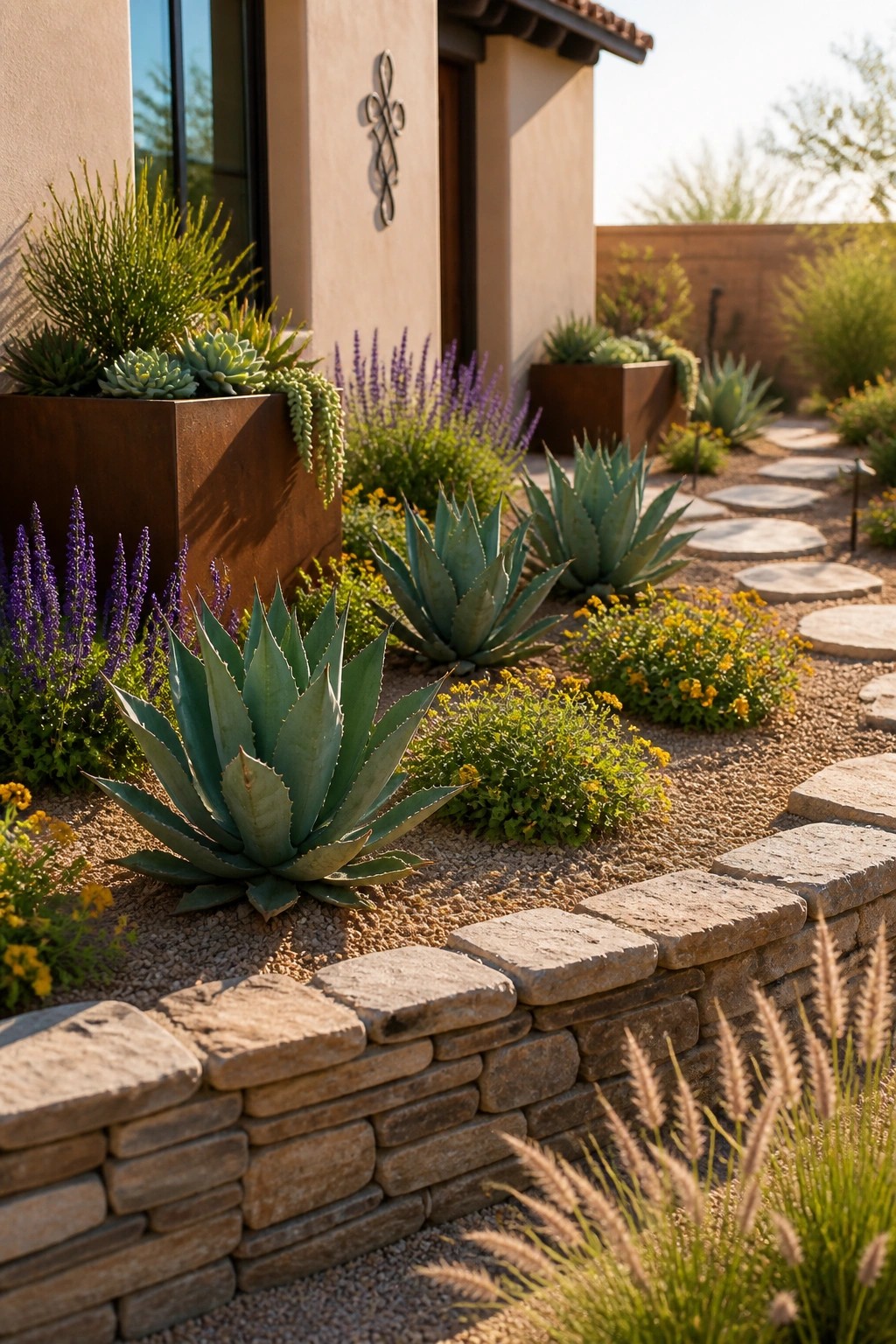 A front yard garden shows large agave plants and succulents growing in gravel beds bordered by stacked stone, with a metal planter, lavender, yellow flowers, and a stone path.