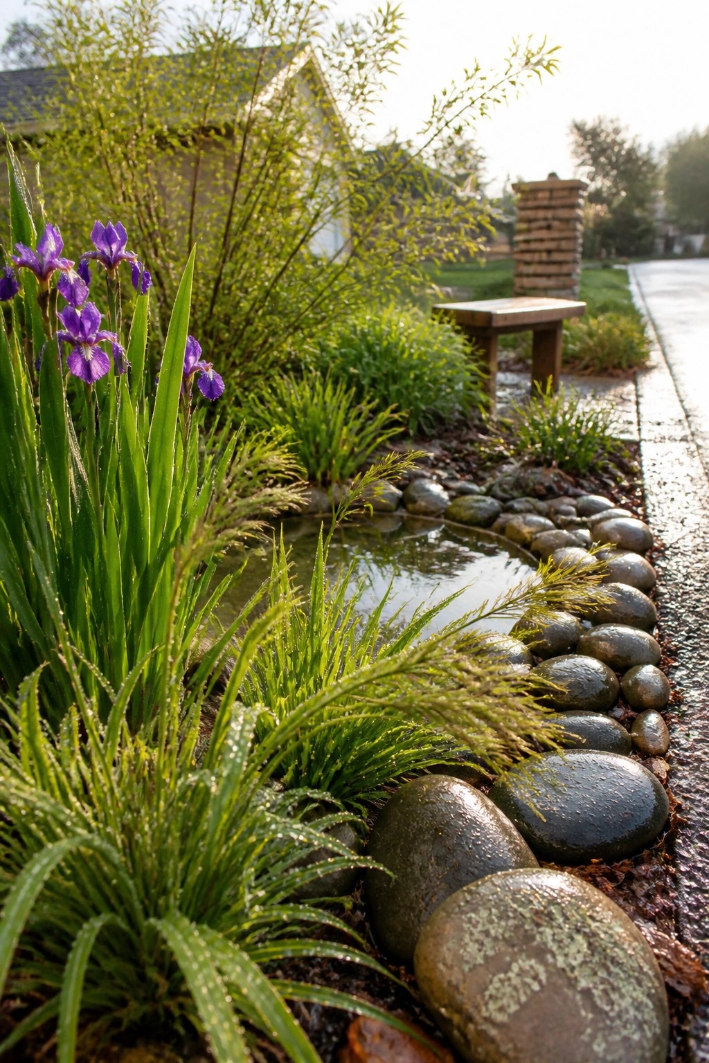 A small garden water feature bordered by smooth stones with purple irises and tall grasses growing along the edges.
