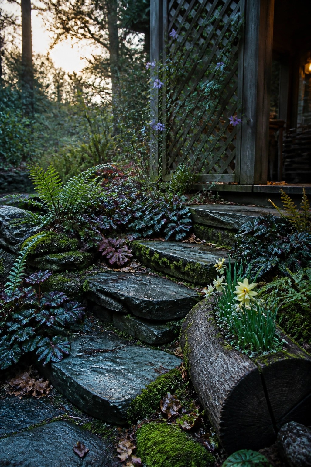 Stone steps lined with mossy rocks, ferns, and flowering plants lead up to a wooden door with lattice.