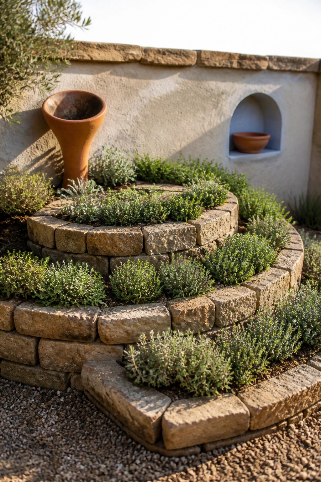 Tiered circular stone planters with green herbs and terracotta urns
