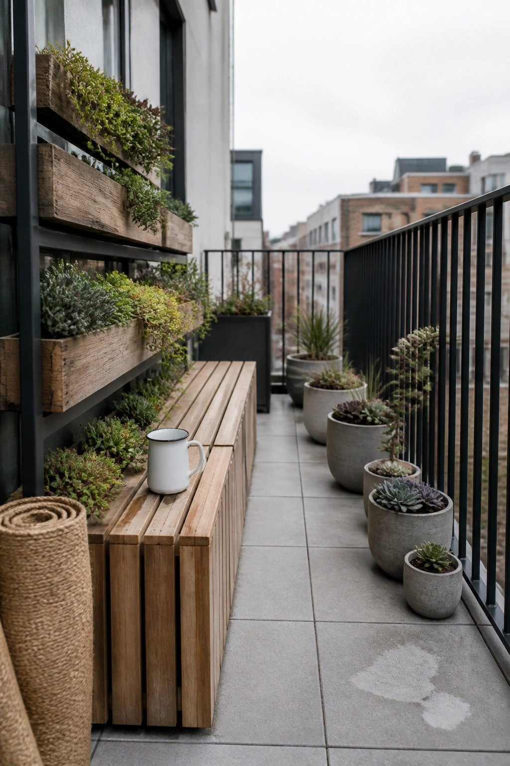 A narrow balcony features wooden wall-mounted planters filled with greenery alongside concrete pots holding succulents arranged along the railing.
