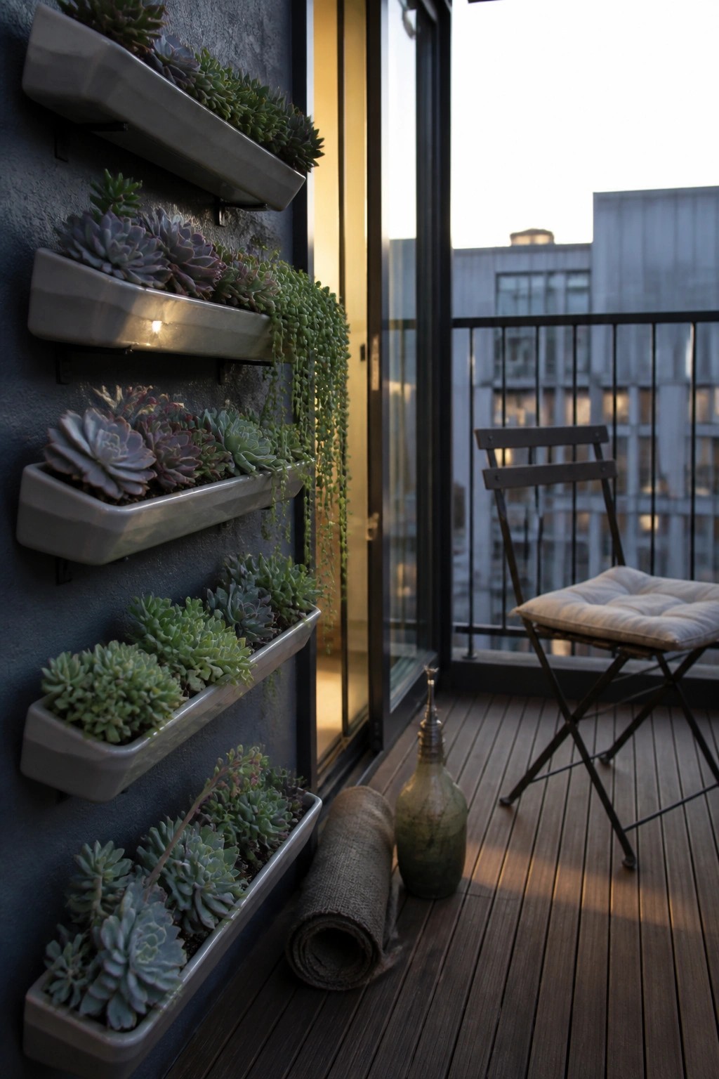 A wooden balcony with multiple gray wall-mounted planters holding succulents and trailing plants, next to a folding chair and glass door.