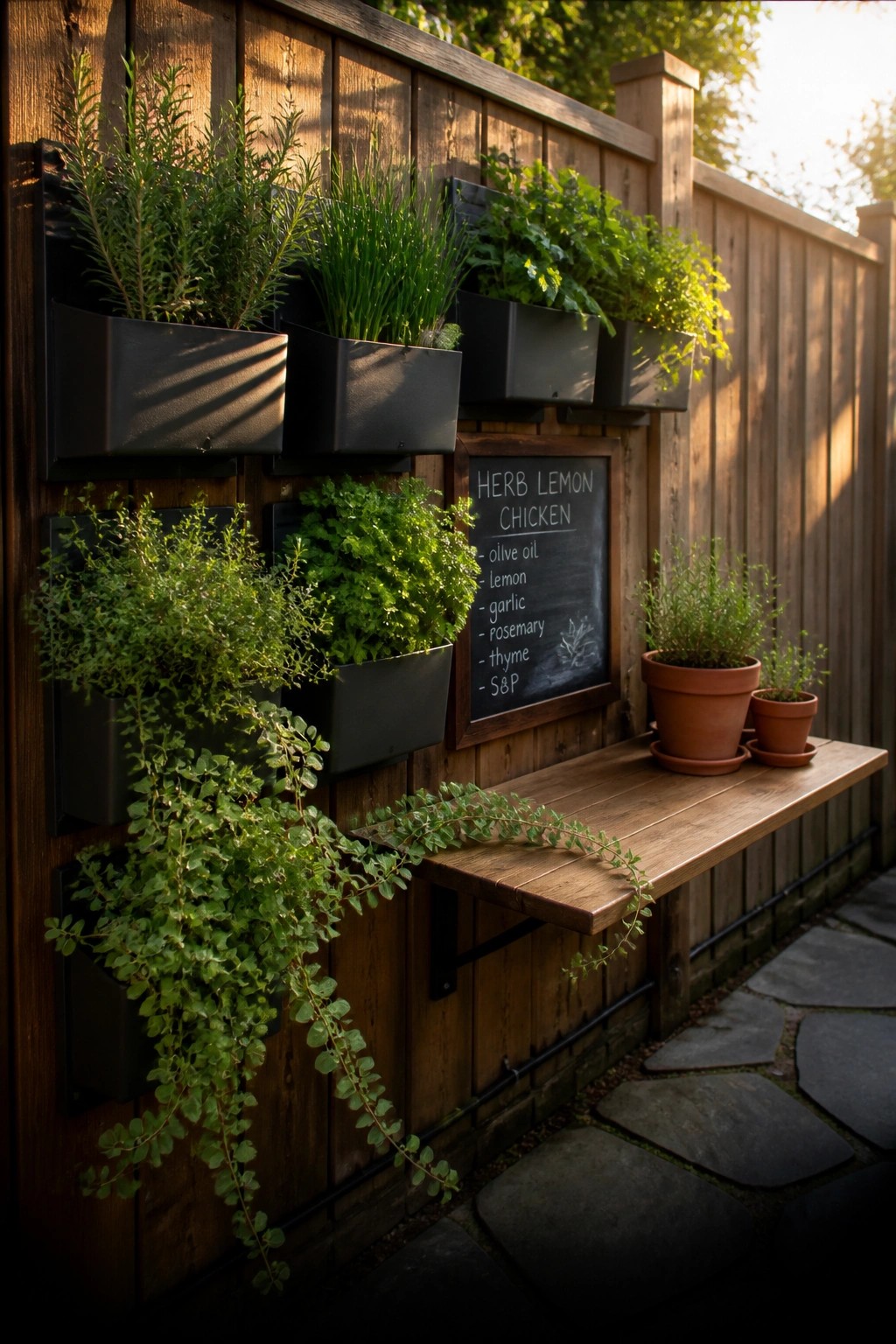 A wooden fence lined with black rectangular wall planters holding various green herbs, a chalkboard sign listing ingredients, and a wooden bench with terracotta pots on a stone path.