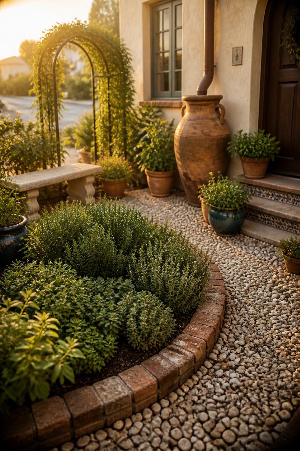A curved brick-edged herb bed sits in gravel beside a house entrance, with potted plants and a vine-covered arch nearby.