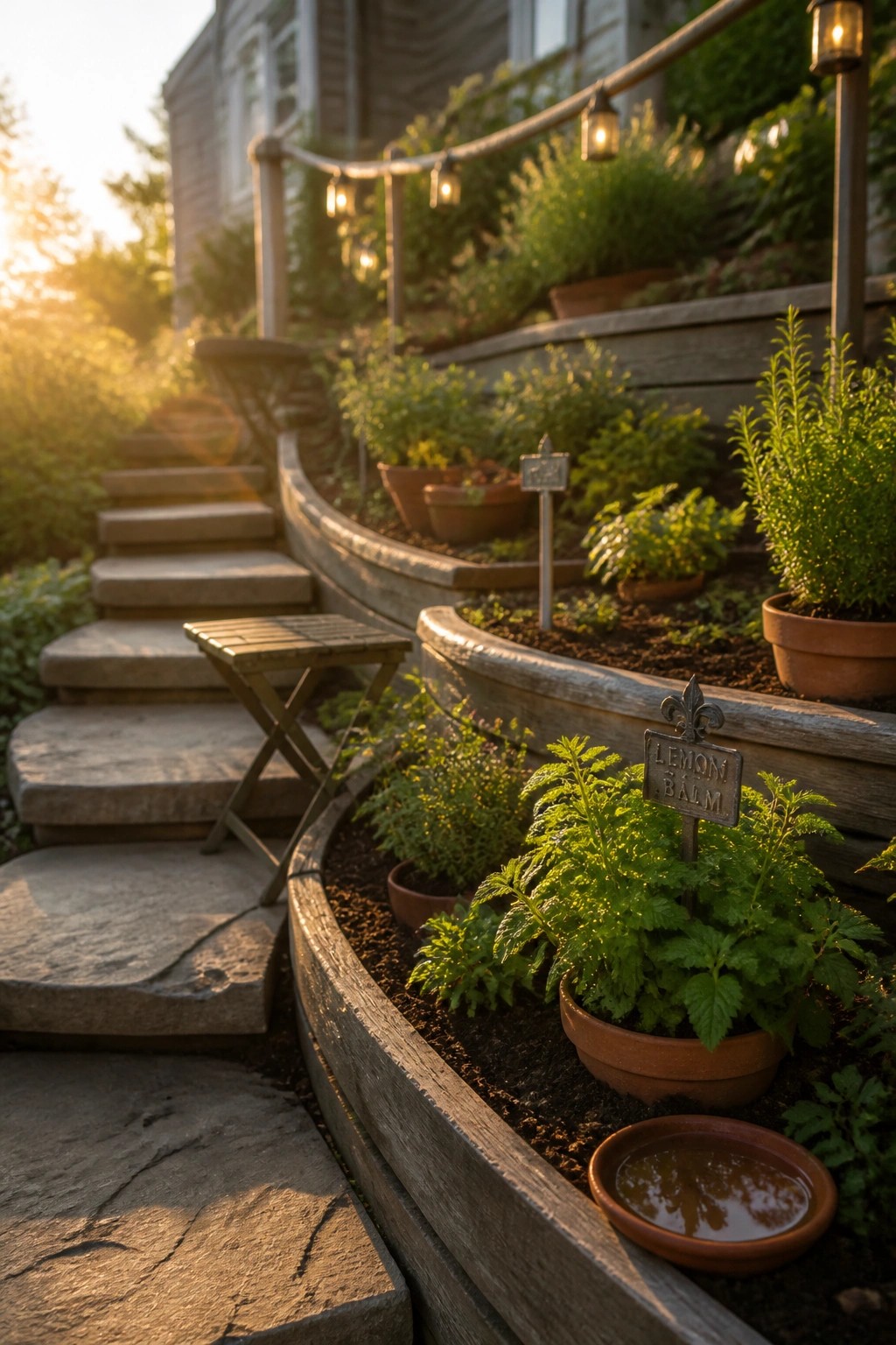 A curved wooden raised bed filled with potted herbs sits beside stone stairs, with a lemon balm label and string lights above.