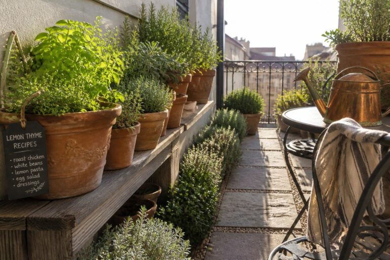 A balcony view shows rows of herb plants in terracotta pots lined up along a wooden bench, with a small table, chair, and chalkboard listing recipes nearby.