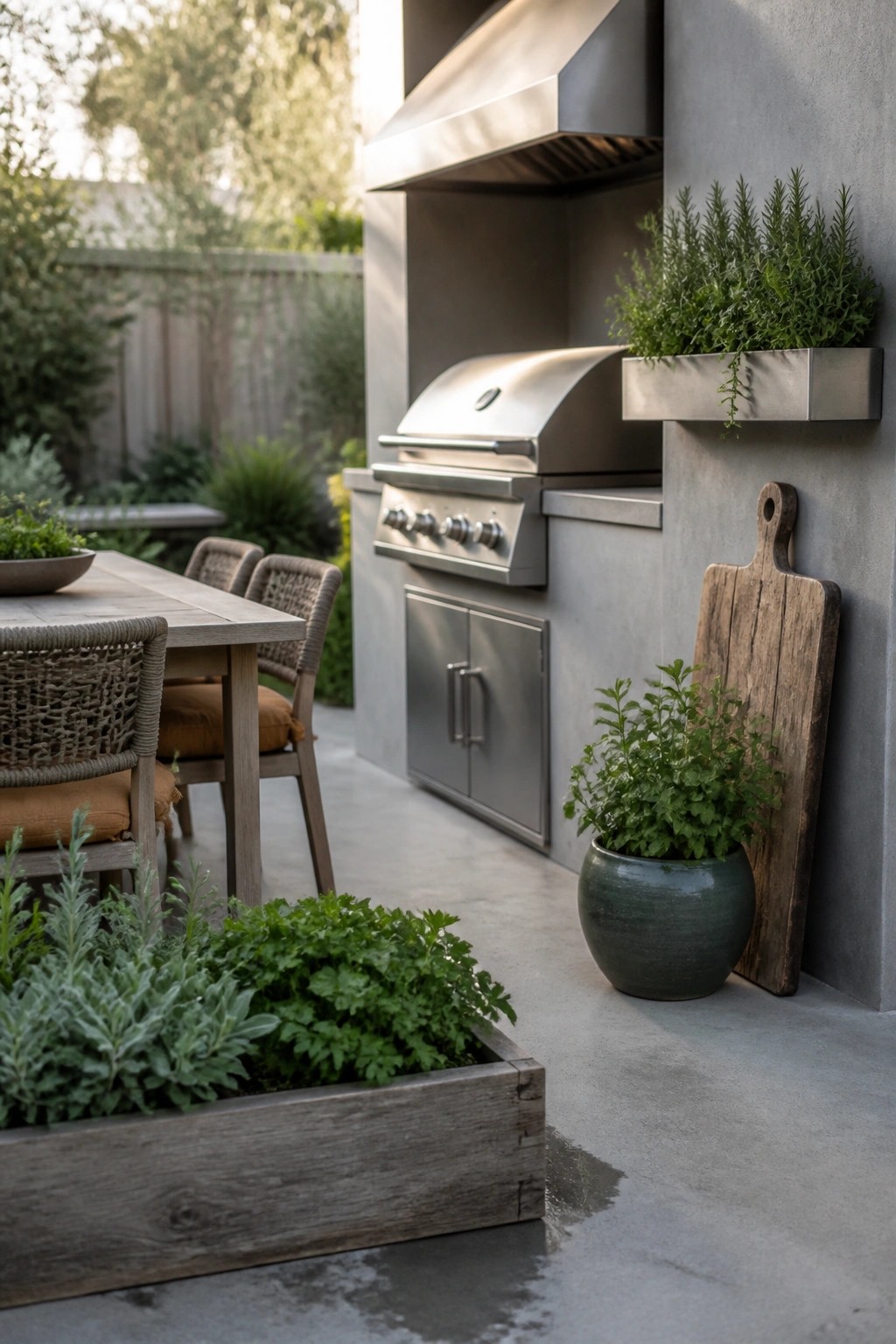 Modern outdoor kitchen with stainless steel grill, wooden table, and fresh herb plants