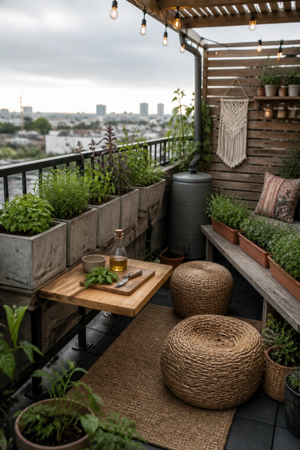 An outdoor balcony with a wooden bench holding several terracotta herb pots, a fold-down table with basil and oil, woven poufs on a rug, and string lights above.