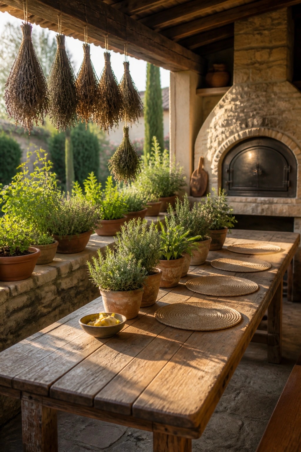 A long wooden table on a stone patio holds several terracotta pots of herbs, with more pots lined along a ledge, bundles of dried herbs hanging from beams, and a stone oven in the background.