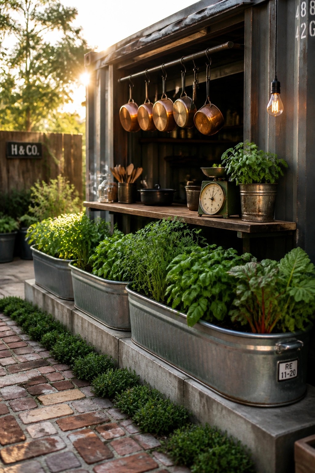 Outdoor metal trough planters filled with herbs sit below a wooden counter on a rustic structure, with hanging pots above and a brick path in front.