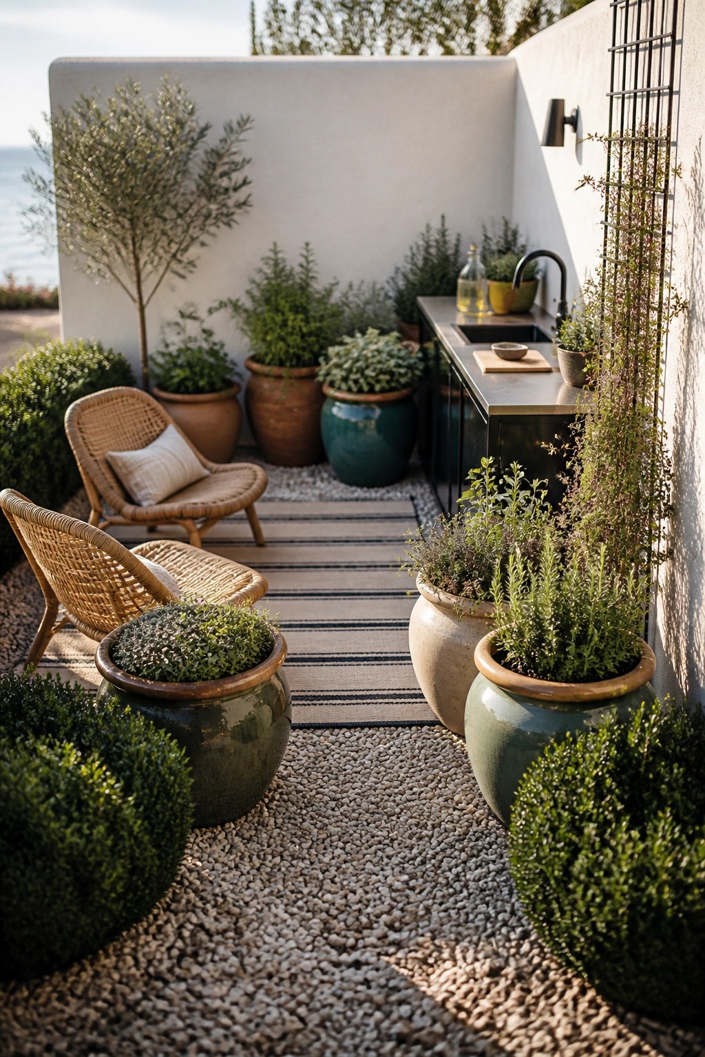 An outdoor patio area with large herb-filled pots clustered near a stainless steel counter with sink, wicker seating on a striped rug, and gravel ground cover.