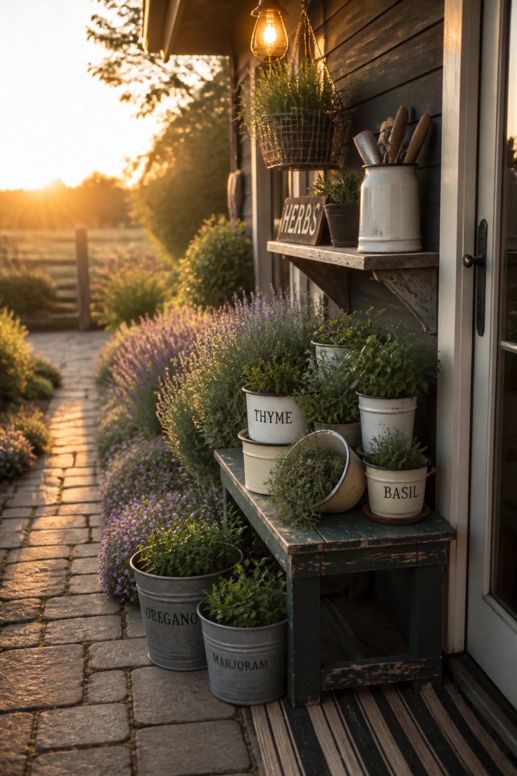 A green wooden bench holds several labeled metal and enamel herb pots beside a house, with lavender growing along a stone path.