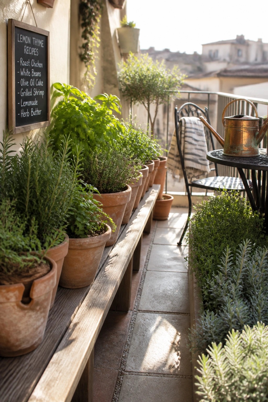 A balcony view shows rows of herb plants in terracotta pots lined up along a wooden bench, with a small table, chair, and chalkboard listing recipes nearby.