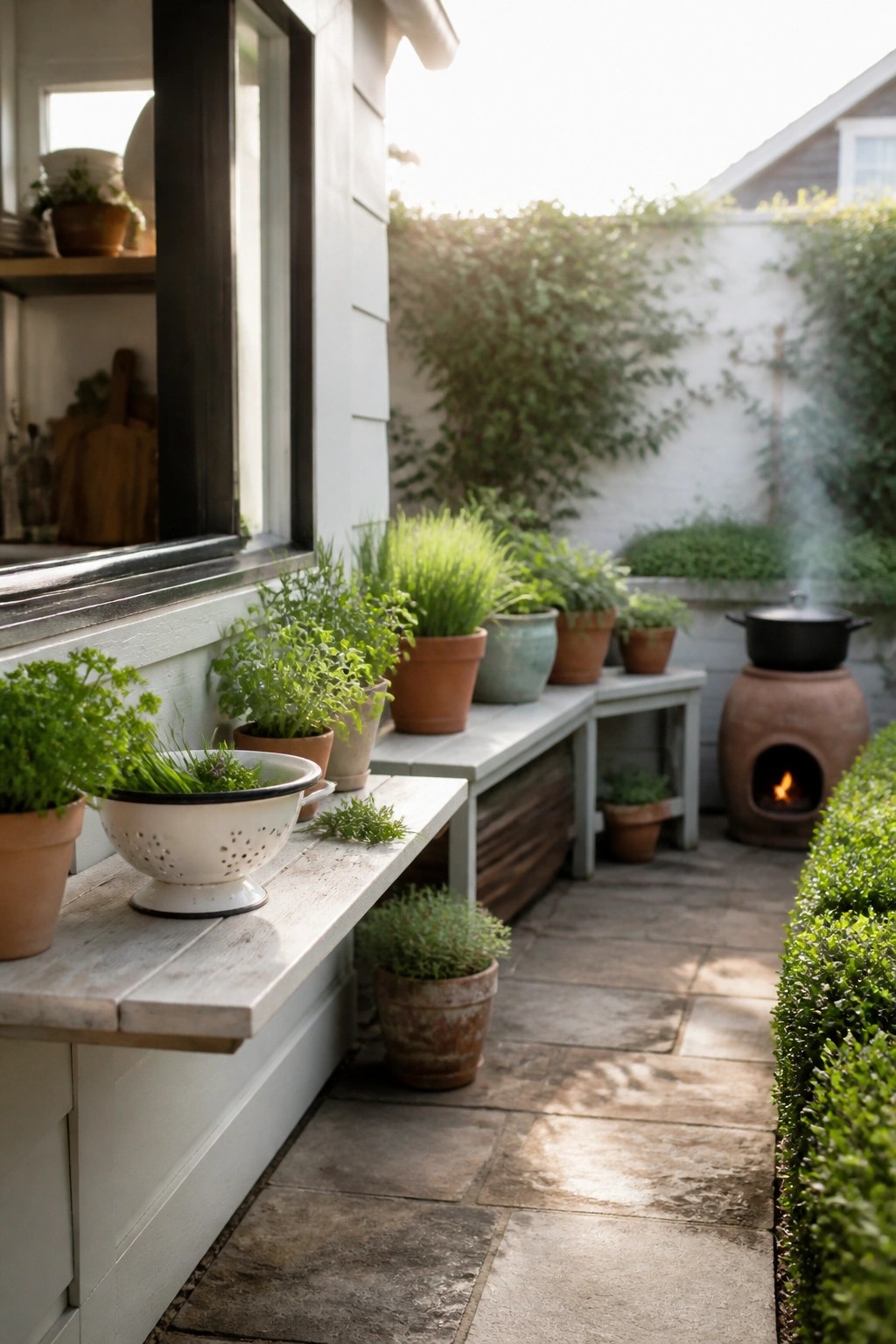 Potted herbs sit on a wooden ledge outside a kitchen window beside a stone patio with a clay oven in the background.