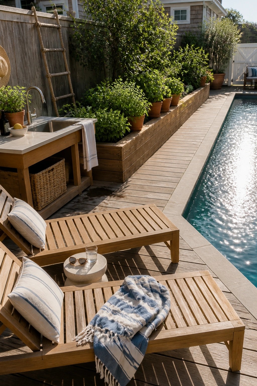 A wooden deck with lounge chairs beside a long raised planter box holding rows of potted herbs, next to an outdoor sink and a swimming pool.