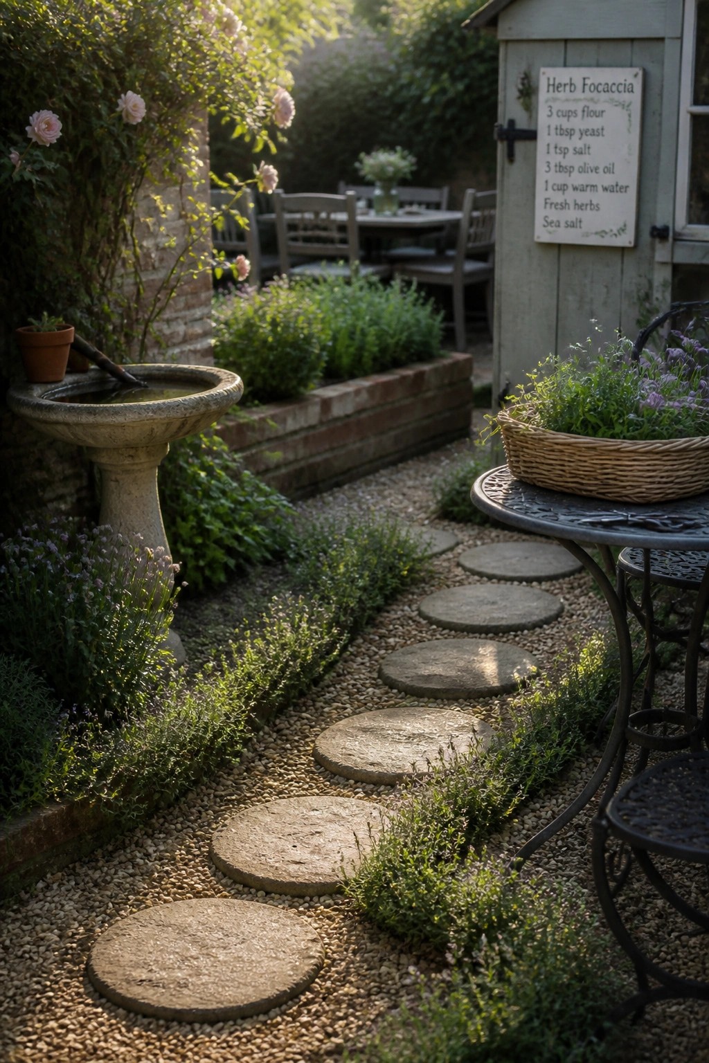 A gravel garden path lined with round stepping stones, low herb plantings, a stone birdbath, and a metal table holding a basket of herbs beside a shed with a recipe sign.
