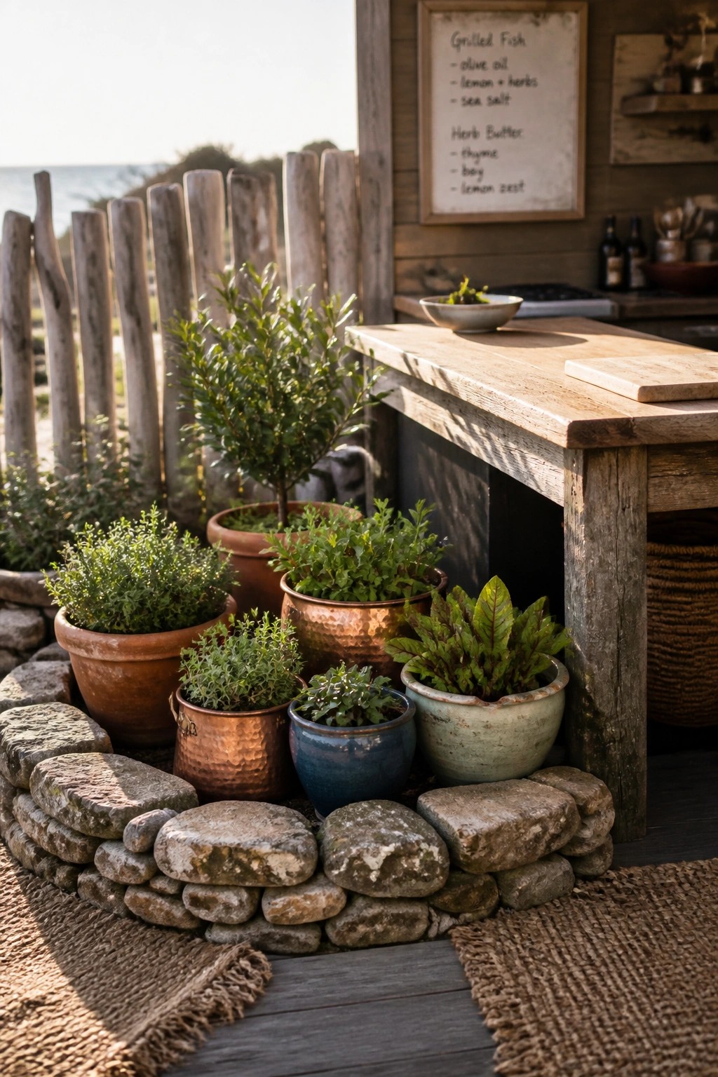 Herb pots in terracotta, copper, and ceramic sit inside a low curved border of stones on a wooden deck beside an outdoor counter.